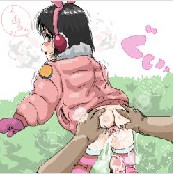 1boy 1girl age_difference aliasing animal_ears anus ass ass_grab black_hair blush body_heat bottomless clothed_female_nude_male coat cold cum earmuffs erection fake_animal_ears flat_chest from_behind head_out_of_frame hetero loli long_hair looking_back male_hand mittens nude oekaki outdoors paa peeing golden_shower penis pussy simple_background speech_bubble spread_pussy striped_clothes striped_thighhighs tagme thighhighs trembling uncensored white_background