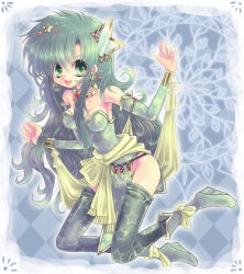  1990s_(style) 1girl :d ahoge boots bow breasts checkered_background choker earrings female_focus final_fantasy final_fantasy_iv full_body green_eyes green_footwear green_hair green_thighhighs hair_ornament hairpin happy highres jewelry kneeling leotard long_hair matching_hair/eyes messy_hair open_mouth retro_artstyle ribbon rydia_(ff4) smile solo star_(symbol) thighhighs zaido 