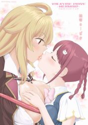  2girls areola_slip ayanero_taicho blonde_hair blush braid breasts cat_hair_ornament commentary_request couple fingerless_gloves french_kiss gloves grabbing grabbing_another&#039;s_breast groping gyaru hair_ornament kiss long_hair loose_necktie multiple_girls necktie nipples open_clothes red_hair shikishima_mirei tokonome_mamori valkyrie_drive valkyrie_drive_-mermaid- wife_and_wife yuri 