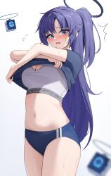  1girl blue_archive blue_buruma blue_eyes blurry blurry_background blush breasts buruma cleavage clothes_lift cowboy_shot crossed_arms embarrassed halo high_ponytail highres large_breasts lifted_by_self long_hair looking_at_viewer navel nenight open_mouth purple_hair raised_eyebrows shirt_lift solo sports_bra star_sticker sticker_on_face stomach sweat undressing very_long_hair yuuka_(blue_archive) yuuka_(track)_(blue_archive) 
