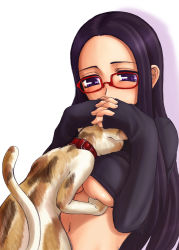  1girl bestiality blush breasts cat character_request clothes_lift collar glasses interlocked_fingers large_breasts long_hair long_sleeves midriff naoki_(shibu_asa_ryo) navel original own_hands_together purple_eyes purple_hair red-framed_eyewear simple_background sleeves_past_wrists solo sweater sweater_lift underboob upper_body  rating:Questionable score:49 user:ddragoonss