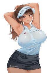  1girl absurdres armpits arms_up blush breasts brown_eyes brown_hair closed_mouth clothes_writing collared_shirt commentary_request covered_erect_nipples covered_navel cowboy_shot dark_skin eyes_visible_through_hair hat highres large_breasts long_hair looking_at_viewer miniskirt original ponytail sak1023 see-through shirt sidelocks simple_background skirt sleeveless sleeveless_shirt smile solo standing steaming_body sweat sweatdrop sweaty_clothes tan wet wet_clothes white_background  rating:Questionable score:60 user:danbooru