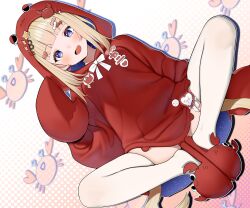  :d absurdres amanogawa_shiina amanogawa_shiina_(2nd_costume) animal_slippers blonde_hair blue_eyes blunt_bangs bow colored_inner_hair commission crab crab_claw full_body hair_ornament highres hood hoodie long_hair looking_at_viewer multicolored_hair open_mouth panties phase_connect plain_222 red_hoodie red_panties sidelocks simple_background sitting skeb_commission slippers smile spread_legs thighhighs underwear wavy_mouth white_bow white_thighhighs  rating:Sensitive score:9 user:danbooru