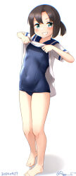  1girl bare_legs black_hair blue_eyes blue_sailor_collar daitou_(kancolle) dated dress full_body kantai_collection lifted_by_self looking_at_viewer ponytail ray.s sailor_collar sailor_dress school_swimsuit short_hair short_sleeves signature simple_background smile swimsuit swimsuit_under_clothes white_background white_dress 