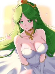  1girl artist_name breasts collarbone commission dress gloves green_eyes green_hair highres kid_icarus kid_icarus_uprising large_breasts long_hair looking_at_viewer nintendo p_i_n_o palutena petals solo strapless strapless_dress tiara wedding_dress white_dress white_gloves 