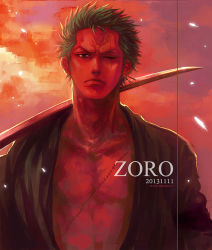  10s 1boy 2013 birthday character_name dated green_hair happy_birthday katana looking_at_viewer male_focus one-eyed one_piece open_clothes robe roronoa_zoro scar shueisha solo sword tsuyomaru weapon  rating:Sensitive score:5 user:asfsghjgf