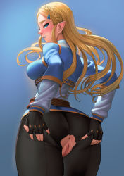 1girl anus ass blonde_hair blue_eyes braid censored commentary fingerless_gloves from_behind gloves hair_ornament hairclip lasterk long_hair long_sleeves looking_back mosaic_censoring nintendo pointy_ears princess_zelda pussy revision single_braid sky solo spread_ass the_legend_of_zelda the_legend_of_zelda:_breath_of_the_wild torn_clothes rating:Explicit score:83 user:danbooru