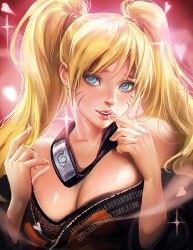 1girl alternate_form bare_shoulders blonde_hair blue_eyes blush breasts cleavage collarbone eyelashes facial_mark facing_viewer finger_to_mouth fishnets forehead_protector genderswap genderswap_(mtf) hair_tie hands_up happy heart heart_background jacket konohagakure_symbol large_breasts lips long_hair looking_at_viewer naruko_(naruto) naruto naruto_(series) nose off_shoulder open_clothes open_jacket parted_lips partially_undressed sakimichan sexy_no_jutsu shiny_skin smile solo sparkle sweat teeth thick_lips twintails upper_body uzumaki_naruto watermark whisker_markings whiskers zipper rating:Sensitive score:200 user:dmysta3000