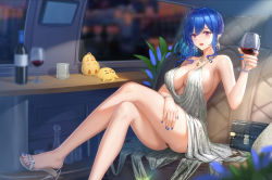 1girl absurdres alcohol azur_lane backless_dress backless_outfit bag bare_shoulders blue_hair blue_nails bottle bracelet breasts car car_interior cleavage commentary_request crossed_legs cup dress drinking_glass earrings evening_gown feet grey_dress hair_between_eyes halter_dress halterneck handbag high_heels highres holding holding_cup hong_bai huge_filesize jewelry large_breasts manjuu_(azur_lane) motor_vehicle nail_polish necklace pink_eyes plunging_neckline revealing_clothes side_ponytail sidelocks silver_dress silver_footwear sitting st._louis_(azur_lane) st._louis_(luxurious_wheels)_(azur_lane) thighs rating:Sensitive score:57 user:danbooru
