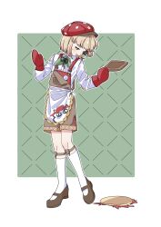  1boy :d absurdres apron aqua_bow aqua_bowtie bishounen black_footwear blonde_hair blue_eyes bob_cut bow bowtie brown_shorts clumsy collared_shirt ezra_theodore fallen_down food frying_pan full_body green_background hands_up hat head_down heel_up highres holding holding_frying_pan kneehighs legwear_garter looking_down male_focus mary_janes mittens official_alternate_costume open_mouth oven_mitts overall_shorts overalls pizza pizza_hut polka_dot_headwear red_hat red_mittens reverse:1999 sanjuqing&#039;an shirt shoes shorts smile socks solo sweat turning_head two-tone_background waist_apron white_apron white_background white_shirt white_socks 