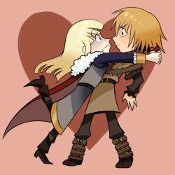  2boys arms_around_neck belt black_eyes blonde_hair blue_eyes boots bree_(m0thscandle) buckle canute cloak closed_mouth eyebrows eyebrows_hidden_by_hair eyelashes face-to-face frills full_body fur_trim heart high_heels highres holding holding_heart long_hair looking_at_another male_focus multiple_boys one_leg_raised prince red_cloak thorfinn viking vinland_saga yaoi  rating:General score:0 user:InklingBoy