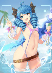 1girl :d absurdres ahoge alternate_costume bare_shoulders beach bikini black_bow blue_hair bow breasts cowboy_shot day drill_hair green_eyes groin gwen_(league_of_legends) hair_bow hair_ornament hand_up highres holding holding_scissors holding_weapon league_of_legends long_hair medium_breasts navel open_mouth outdoors oversized_object pink_bikini recording revival scissors smile solo swimsuit teeth twin_drills twintails upper_teeth_only v water weapon x_hair_ornament rating:Sensitive score:6 user:danbooru
