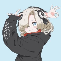  1girl :&gt; akichi_360 alternate_costume arm_behind_head black_flower black_hoodie blue_background blush brown_hair closed_mouth commentary_request enpera flower from_side goodbye_sengen_(vocaloid) hair_flower hair_ornament hair_over_one_eye hands_up highres hood hood_down hoodie isekai_joucho kamitsubaki_studio long_bangs long_hair long_sleeves looking_at_viewer looking_to_the_side multicolored_hair ok_sign parody red_hair scarf simple_background solo streaked_hair upper_body v v-shaped_eyebrows virtual_youtuber 