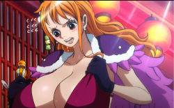  1girl beast_pirates beast_pirates_uniform black_gloves blush breasts brown_eyes clothes_grab ear_piercing embarrassed female_focus gloves horns joylewds large_breasts long_hair looking_at_viewer nami_(one_piece) official_alternate_costume one_piece orange_hair piercing solo sweat third-party_edit  rating:Questionable score:38 user:SlayDash