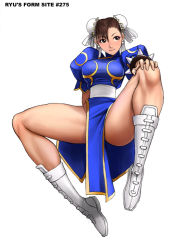 1girl blue_dress boots bracelet brown_hair bun_cover capcom china_dress chinese_clothes chun-li cross-laced_footwear double_bun dress earrings eyeshadow hand_on_own_knee jewelry legs makeup pantyhose pelvic_curtain puffy_short_sleeves puffy_sleeves ryu_(ryu&#039;s_form_site) short_sleeves side_slit smile solo spiked_bracelet spikes spread_legs street_fighter thighs white_footwear rating:Questionable score:28 user:danbooru