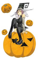  1girl blair_(soul_eater) breasts hat highres huge_breasts official_art ohkubo_atsushi pumpkin purple_hair simple_background smile white_background witch witch_hat yellow_eyes 