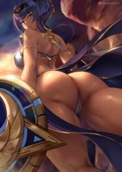  1girl absurdres armlet ass ass_focus bikini blue_eyes blue_hair breasts cameltoe candace_(genshin_impact) cleft_of_venus dark-skinned_male dark_skin eye_of_horus from_below genshin_impact gold gold_trim gradient_sky heterochromia highres holding holding_polearm holding_shield holding_weapon long_hair looking_at_viewer looking_back medium_breasts parted_lips polearm queasy_s shield shiny_skin sky solo sunlight swimsuit very_long_hair weapon white_bikini yellow_eyes  rating:Questionable score:93 user:danbooru