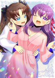  2girls :d ;d black_bow blue_eyes blush bow breasts brown_hair collarbone commentary_request commission fate/stay_night fate_(series) hair_between_eyes hair_bow hands_up japanese_clothes kimono kou_hiyoyo large_breasts long_hair long_sleeves matou_sakura multiple_girls one_eye_closed open_mouth parted_bangs pink_kimono purple_eyes purple_hair red_bow skeb_commission smile striped_background tohsaka_rin two_side_up very_long_hair white_kimono  rating:General score:3 user:danbooru