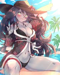  1girl absurdres bikini bikini_under_clothes black_hair black_panties blue_skin blush breasts cleavage colored_skin dead_by_daylight green_eyes hat highres hooked_on_you japanese_clothes large_breasts long_hair panties shiny_skin smile solo swimsuit the_spirit_(dead_by_daylight) underwear  rating:Sensitive score:35 user:spezy2303