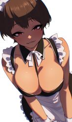  1girl apron between_breasts black_dress breasts brown_hair cleavage collarbone commentary_request dark-skinned_female dark_skin detached_collar double-parted_bangs dress frilled_dress frills from_above highres large_breasts light_blush looking_at_viewer maid maid_day maid_headdress neck_ribbon original rakuga_kiya red_eyes ribbon seductive_smile short_hair simple_background smile solo strap_between_breasts upper_body white_apron white_background wrist_cuffs 