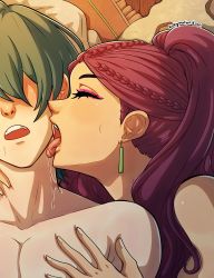  1boy 1girl bare_shoulders blue_hair braid byleth_(fire_emblem) byleth_(male)_(fire_emblem) closed_eyes earrings eyeshadow fire_emblem fire_emblem:_three_houses from_side hand_on_another&#039;s_chest highres jewelry kinkymation licking licking_another&#039;s_neck makeup nintendo open_mouth petra_macneary ponytail purple_eyeshadow purple_hair saliva sweat teeth tongue tongue_out topless upper_teeth_only  rating:Questionable score:51 user:Forsworn13