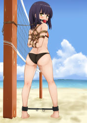  1girl arms_behind_back ass ball_gag bare_shoulders bdsm beach bikini black_hair blue_sky blush bondage bound bound_arms box_tie butt_crack cloud collar day flat_chest from_behind gag gagged harukana_receive highres kertaspata leash long_hair looking_at_another looking_back outdoors rope sand shibari shoulder_blades sky spread_legs spreader_bar standing swimsuit tied_to_pole tooi_narumi volleyball_net yellow_eyes 