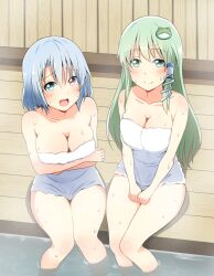  2girls alternate_costume arms_under_breasts bare_shoulders blue_eyes blue_hair blush breasts cleavage closed_mouth collarbone commentary_request frog_hair_ornament green_eyes green_hair hair_ornament hair_tubes heterochromia highres kochiya_sanae kyanta5354 large_breasts long_hair looking_at_viewer multiple_girls naked_towel open_mouth red_eyes single_hair_tube sitting smile snake_hair_ornament sweat tatara_kogasa thighs touhou towel water white_towel 