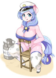1girl animal_print blue_eyes blue_hair bottomless breasts chair cleavage colored_skin cow_print hat highres large_breasts long_hair looking_at_viewer matching_hair/eyes milk my_little_pony my_little_pony:_friendship_is_magic navel pink_skin shepherd0821 simple_background solo rating:Questionable score:27 user:BKM