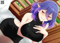  1girl arm_under_breasts backless_dress backless_outfit black_dress breasts demon_girl dress feet_out_of_frame hair_between_eyes hand_on_own_chest kinsou_no_vermeil large_breasts lens_flare lipstick lukmanscootkenn makeup on_bed open_mouth pointy_ears purple_hair red_eyes seductive_smile short_hair sitting smile solo teeth vermeil_(kinsou_no_vermeil) window_shadow  rating:Sensitive score:15 user:danbooru