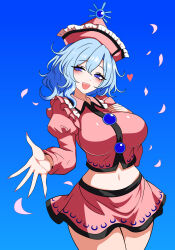  1girl :d absurdres blue_background blue_eyes blue_hair breasts buttons commentary_request cowboy_shot frilled_hat frills gradient_background hat highres juliet_sleeves large_breasts long_sleeves looking_at_viewer merlin_prismriver midriff miniskirt navel offering_hand open_mouth pink_hat pink_shirt pink_skirt puffy_sleeves shirt short_hair skirt smile solo ssaf52913778 standing sun_hat_ornament touhou 