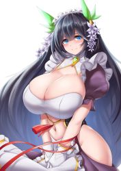 1girl absurdres apron black_hair blue_eyes blunt_bangs blush breasts cho!cho! cleavage cleavage_cutout closed_mouth clothing_cutout cowboy_shot cutout_above_navel dress flower frilled_apron frills gloves groin hair_between_eyes hair_flower hair_ornament high_collar highres hip_vent huge_breasts last_origin long_hair looking_at_viewer maid maid_headdress mole mole_under_eye navel oberonia_rhea puffy_short_sleeves puffy_sleeves purple_dress purple_flower red_ribbon ribbon short_sleeves simple_background smile solo standing stomach stomach_cutout v_arms very_long_hair waist_apron white_apron white_background white_gloves rating:Sensitive score:110 user:danbooru
