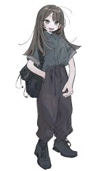  1girl absurdres bag black_bag black_footwear brown_eyes brown_hair buttons collared_shirt fang full_body grey_pants grey_shirt hand_in_pocket highres long_hair open_mouth original pants shirt shirt_tucked_in shoes shoulder_bag simple_background sleeves_rolled_up solo standing white_background yunoki_itsugu 