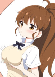  1girl absurdres aikawa_ryou apron black_bow blush bow breast_lift breasts brown_apron brown_background brown_eyes brown_hair closed_mouth collared_shirt commentary_request employee_uniform hair_between_eyes highres large_breasts long_hair o3o ponytail shirt short_sleeves solo taneshima_popura two-tone_background uniform upper_body very_long_hair white_background white_shirt working!! 