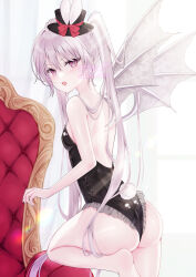  1girl absurdres armchair ass backless_leotard barefoot black_hat black_leotard breasts chair commentary cross-shaped_pupils demon_girl demon_wings fake_tail fangs frilled_leotard frills hat hat_with_ears highres knee_up leotard light_blush long_hair looking_at_viewer mini_hat murur_(matsumikoru) nontraditional_playboy_bunny open_mouth original pink_eyes pink_hair playboy_bunny rabbit_tail small_breasts solo strapless strapless_leotard symbol-shaped_pupils tail twintails very_long_hair watermark white_wings wings  rating:Sensitive score:15 user:danbooru