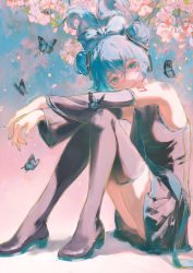 1girl alternate_hairstyle aqua_hair aqua_nails aqua_necktie black_footwear blue_background boots breasts bug butterfly cinnamiku commentary_request detached_sleeves double_bun flower full_body gradient_background hair_bun hair_ornament hatsune_miku head_tilt high_heel_boots high_heels highres insect kei_(keiuu) knees_together_feet_apart legs long_hair long_legs medium_breasts miniskirt nail_polish necktie pink_background pleated_skirt shadow shiny_clothes shiny_skin shirt sitting skirt sleeveless sleeveless_shirt smile solo thigh_boots thighs two_side_up vocaloid rating:Sensitive score:10 user:danbooru