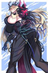  10den 1girl ass asymmetrical_clothes asymmetrical_gloves backless_outfit blonde_hair bodystocking breasts chain commission ear_piercing earrings barghest_(fate) fate/grand_order fate_(series) gauntlets gloves heterochromia highres horns huge_breasts jewelry large_breasts long_hair looking_at_viewer muscular muscular_female piercing sideboob skeb_commission solo thick_thighs thighs uneven_gloves  rating:Sensitive score:38 user:danbooru