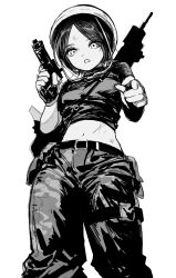  1girl belt breasts camouflage camouflage_pants commentary cowboy_shot cropped_shirt fingerless_gloves from_below gloves greyscale gun hand_up handgun highres holding holding_gun holding_weapon jihecchi looking_at_viewer looking_down medium_breasts midriff monochrome open_mouth original pants parted_bangs pointing pointing_at_viewer pointing_down rifle scar scar_on_stomach short_hair short_sleeves simple_background soldier solo standing symbol-only_commentary thigh_strap weapon weapon_on_back 