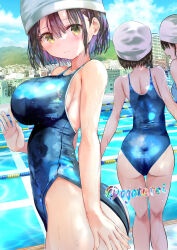  3girls absurdres ass blue_one-piece_swimsuit blue_sky breasts brown_hair cloud commentary_request competition_school_swimsuit cowboy_shot day embarrassed highres lane_line large_breasts looking_at_viewer multiple_girls ogata_tei one-piece_swimsuit original outdoors pool school_swimsuit short_hair sky solo_focus swim_cap swimsuit twitter_username waving yellow_eyes 