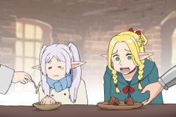  1boy 3girls blonde_hair blue_scarf blurry braid choker cloak coat commentary_request crossover crying dangle_earrings depth_of_field dungeon_meshi earrings eating elf feeding fern_(sousou_no_frieren) forehead french_braid frieren garlic hair_tubes highres hood hooded_cloak indoors jewelry laios_thorden long_hair long_sleeves marcille_donato multiple_girls out_of_frame parted_bangs plate pointy_ears ponytail red_choker sad scarf sidelocks sousou_no_frieren surprised table thick_eyebrows tri_braids ueyama_michirou wavy_mouth white_hair winter_clothes winter_coat 