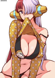 1girl aosora2823 artist_name bikini black_bikini breasts cleavage clothes_lift collarbone commentary dress dress_lift hair_over_one_eye highres large_breasts lifted_by_self long_hair long_sleeves looking_at_viewer mouth_hold multicolored_hair navel one_piece one_piece_film:_red purple_eyes red_hair simple_background sitting solo star_(symbol) star_print swimsuit two-tone_hair uta_(one_piece) white_background white_hair yellow_dress rating:Sensitive score:25 user:danbooru