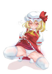  0002koko 1girl absurdres arm_at_side ascot blonde_hair blush bow cameltoe clothes_lift commentary dress eyelashes flandre_scarlet flashing full_body gluteal_fold grin hair_between_eyes hand_up hat hat_bow heart highres lifting_own_clothes long_hair looking_at_viewer mesugaki mob_cap naughty_face no_shoes one_side_up panties presenting puffy_short_sleeves puffy_sleeves raised_eyebrows red_bow red_dress red_eyes shirt short_sleeves sidelocks signature simple_background skindentation skirt skirt_lift sleeveless sleeveless_dress slit_pupils smile solo squatting thighhighs thighs tiptoes touhou tsurime underwear white_background white_hat white_panties white_shirt white_thighhighs yellow_ascot 