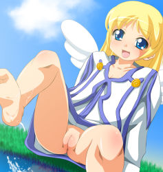 1girl :d angel barefoot blonde_hair bottomless cleft_of_venus colette_brunel collarbone dutch_angle eyebrows fat_mons feet female_focus flat_chest grass halo happy loli long_hair no_panties open_mouth poet_(pop&#039;n_music) pop&#039;n_music pussy sana_(kerarino) sitting smile soles solo tales_of_(series) tales_of_symphonia uncensored water wet wings yellow_eyes rating:Explicit score:45 user:Domestic_Importer