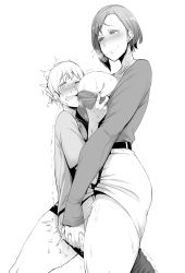 1boy 1girl age_difference belt blush breasts closed_mouth clothed_sex clothes_pull earrings from_side grabbing grabbing_another&#039;s_breast greyscale height_difference hetero highres huge_breasts jewelry long_sleeves mature_female miniskirt monochrome nakamura_regura necklace nervous_sweating onee-shota original pants pants_pull sex short_hair shota simple_background skirt smile standing standing_missionary standing_sex stud_earrings sweat tears trembling white_background rating:Explicit score:406 user:danbooru