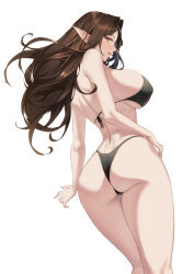  1girl ass back bikini black_bikini blueorca blush breasts brown_hair commentary elf english_commentary floating_hair from_behind green_hair hand_on_own_hip highres kneepits large_breasts long_hair looking_at_viewer looking_back median_furrow mole mole_on_ass mole_on_breast mole_under_mouth original parted_lips pointy_ears simple_background solo swimsuit white_background  rating:Sensitive score:13 user:danbooru