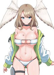  1girl asymmetrical_bangs bikini black_choker blue_eyes breasts brown_hair chest_tattoo choker closed_mouth collarbone eunie_(xenoblade) eyepatch_bikini gluteal_fold green_jacket head_wings highres jacket kamidan large_breasts looking_at_viewer medium_hair multicolored_clothes multicolored_jacket navel skindentation sleeves_past_wrists smile solo swimsuit tattoo thigh_strap two-tone_jacket white_background white_jacket white_wings wings xenoblade_chronicles_(series) xenoblade_chronicles_3  rating:Sensitive score:37 user:danbooru