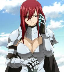  10s 1girl armor breasts brown_eyes cellphone cleavage erza_scarlet fairy_tail hair_over_one_eye large_breasts long_hair looking_at_viewer phone red_hair screencap smartphone smile solo  rating:Questionable score:30 user:darksteel