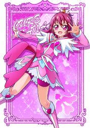  1girl absurdres aida_mana bike_shorts blush boots brooch choker cosplay cure_heart cure_heart_(cosplay) dokidoki!_precure dress flipped_hair hair_ornament heart heart_brooch heart_hair_ornament highres jewelry magical_girl open_mouth pink_background pink_choker pink_eyes pink_hair pink_sleeves pink_theme ponytail precure ribbon self_cosplay short_hair shorts_under_dress smile solo tirofinire 