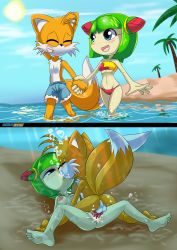  1boy 1girl absurdres air_bubble asphyxiation bare_shoulders barefoot beach bikini blue_eyes blue_male_swimwear blue_swim_trunks blush breasts bubble closed_eyes cosmo_(sonic) cosmo_the_seedrian couple cum cum_in_pussy feet fox fox_boy french_kiss full_body furry furry_male green_hair happy happy_sex hetero highres holding_hands ichduhernz instant_loss interspecies kiss large_areolae large_breasts looking_at_another male_swimwear mating_press monster_girl multiple_tails navel nipples nude ocean open_mouth outdoors palm_tree panels penis plant_girl sex small_breasts smile soles sonic_(series) sonic_the_hedgehog sonic_x spread_legs standing strapless strapless_bikini sun swim_trunks swimsuit tail tails_(sonic) testicles thighs toes tree two_tails underwater underwater_sex vaginal wading water  rating:Explicit score:69 user:primetime_playa