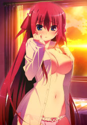  10s 1girl absurdres artist_request blue_eyes blush bow bow_panties breasts cleavage frilled_panties frills grisaia_(series) grisaia_no_kajitsu hair_rings highres large_breasts navel nyantype official_art open_clothes open_shirt panties pink_panties red_hair scan shirt solo sunset suou_amane two_side_up underwear  rating:Questionable score:82 user:danbooru