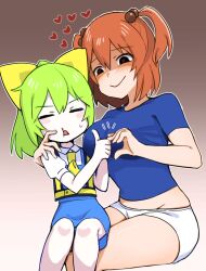  2girls ascot black_eyes blue_shirt blue_skirt blue_vest blush bow breasts brown_background buruma closed_eyes closed_mouth commentary_request cookie_(touhou) daiyousei diyusi_(cookie) feet_out_of_frame gradient_background green_hair hair_bobbles hair_bow hair_ornament hand_on_another&#039;s_shoulder heart heart-shaped_pupils heart_hands heart_hands_failure high-visibility_vest high_ponytail highres large_breasts looking_at_another medium_bangs medium_hair midriff multiple_girls onozuka_komachi orange_hair puffy_short_sleeves puffy_sleeves pura_(aiueo256375) shaded_face shirt shishou_(cookie) short_hair short_sleeves sitting sitting_on_lap sitting_on_person skirt skirt_set smile symbol-shaped_pupils t-shirt thumbs_up touhou vest white_buruma yellow_ascot yellow_bow 
